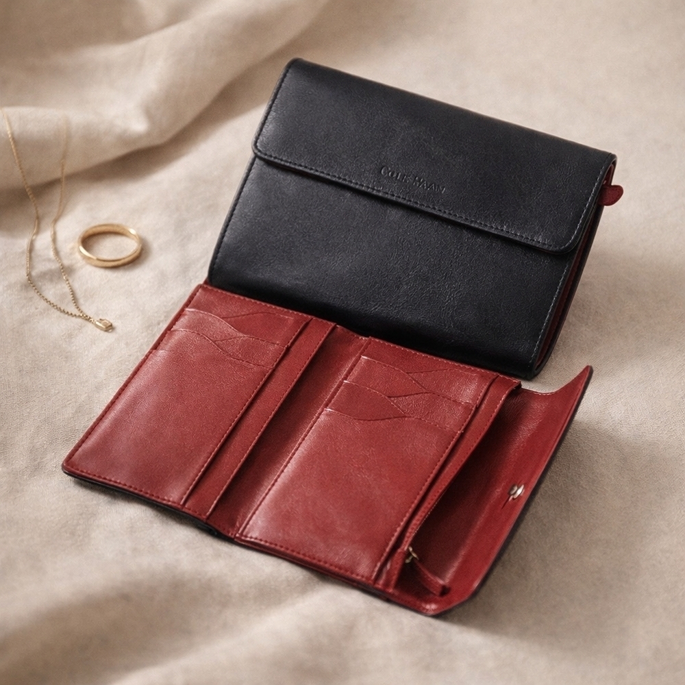 Cole Haan Black Leather Wallet Red Interior | Classic Bifold